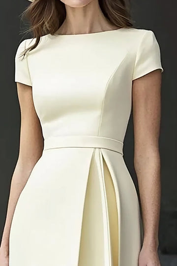 Daffodil Satin A Line Short Sleeves Boat Neck Long Work Dress